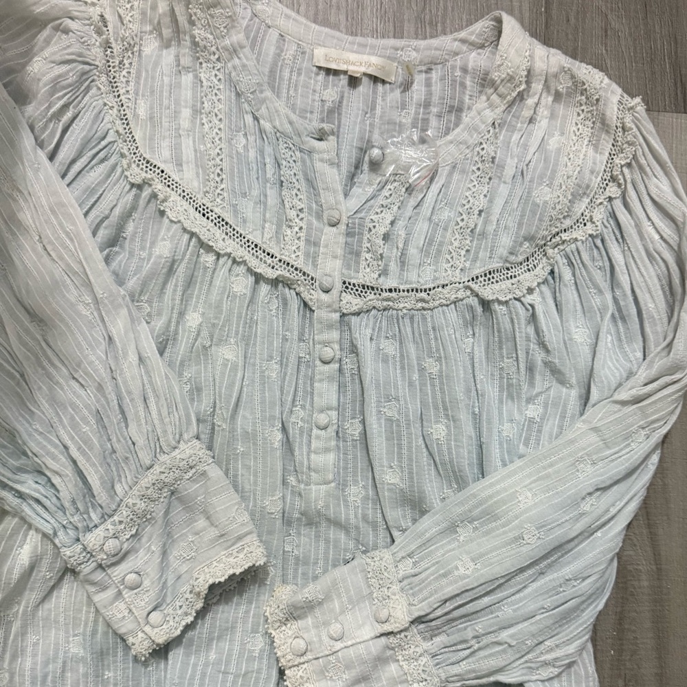 Stunning Love Shack Fancy Vintage, Lace Detailed Blouse, Light Blue xs